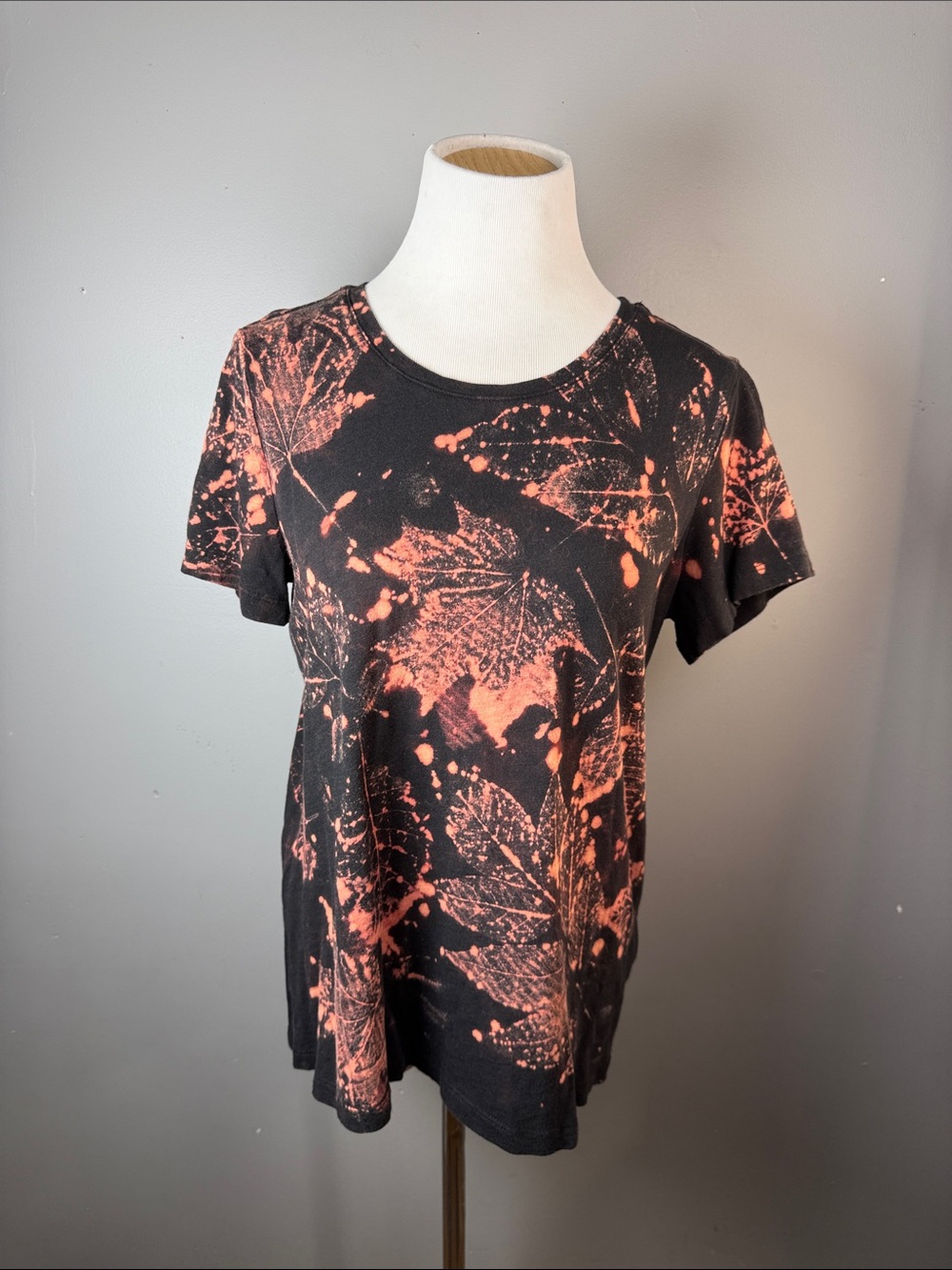 Black Short Sleeve Tee with Coral Leaf Splash Print